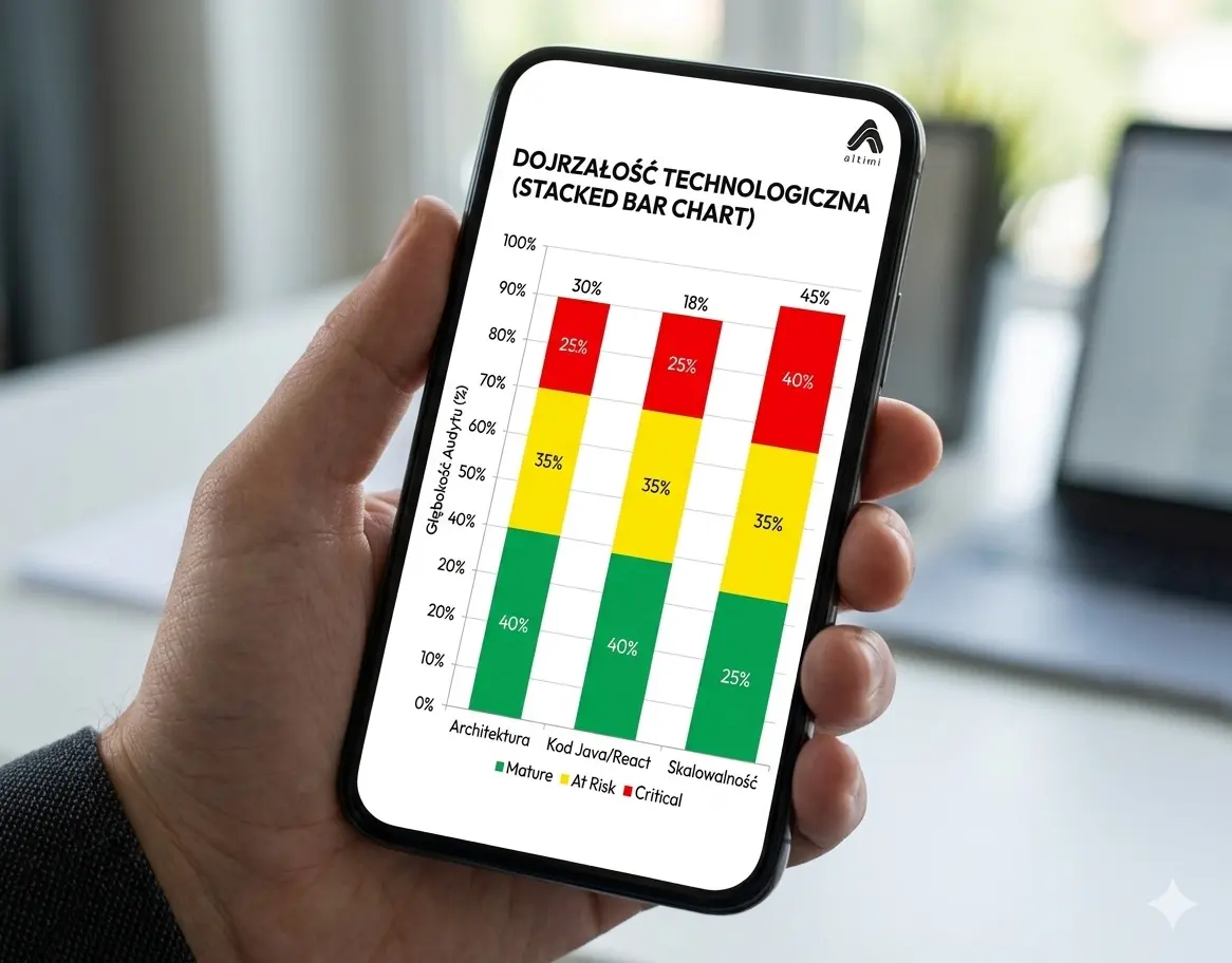 Technology maturity stacked bar chart showing architecture, code, and scalability scores